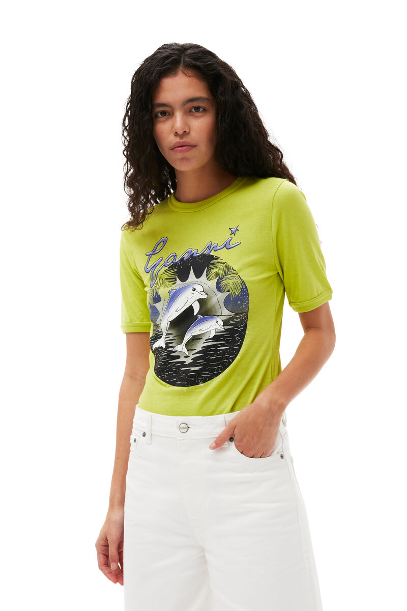 Fabrics of the Future Fitted Dolphin T-shirt, Organic Cotton, in colour Tender Shoots - 1 - GANNI