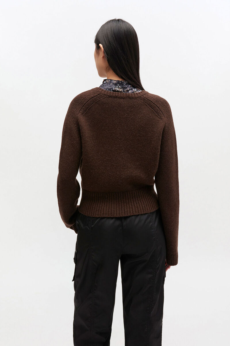 Brown V-neck Jumper, Wool, in colour Shaved Chocolate - 3 - GANNI