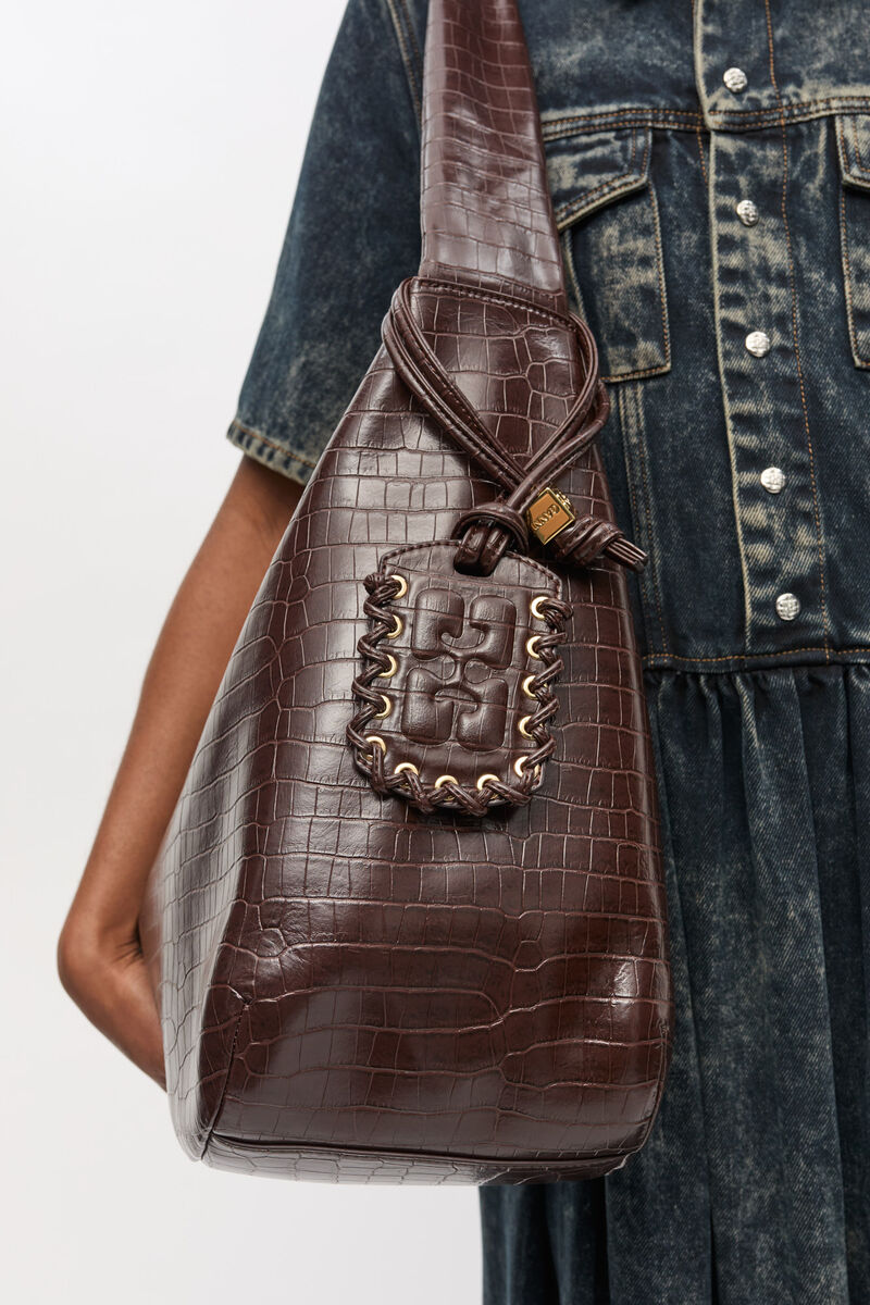 Brown Croco XXL Hobo Bag, Lyocell, in colour Chocolate Fondant - 4 - GANNI