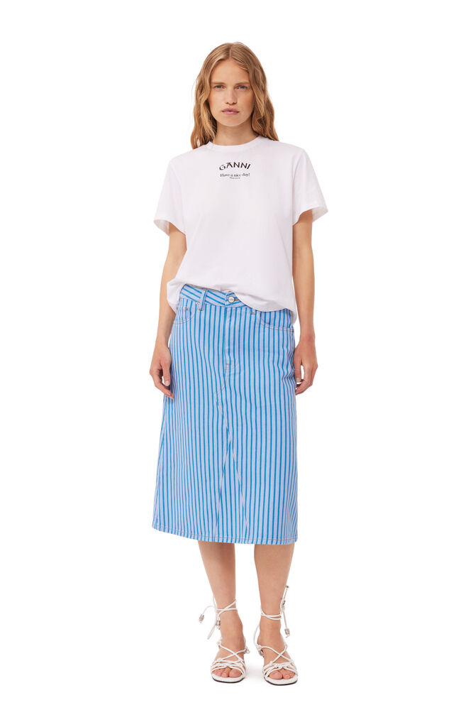 Re-cut Striped Denim Midi Skirt, Silver Lake Blue