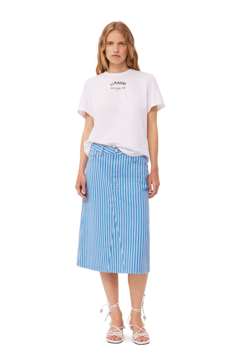 Re-cut Striped Denim Midi Skirt, Cotton, in colour Silver Lake Blue - 1 - GANNI