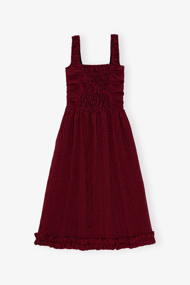 Red Sheer Midi Strap Smock Dress, Recycled Polyester, in colour Winery - 1 - GANNI