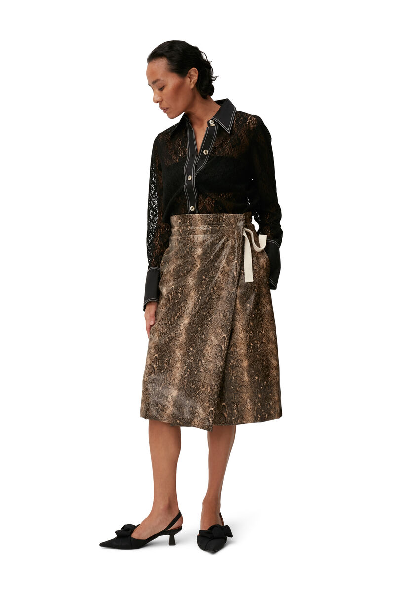 Snake Print Wrap Midi Skirt, PU Leather, in colour Snake Starfish - 2 - GANNI