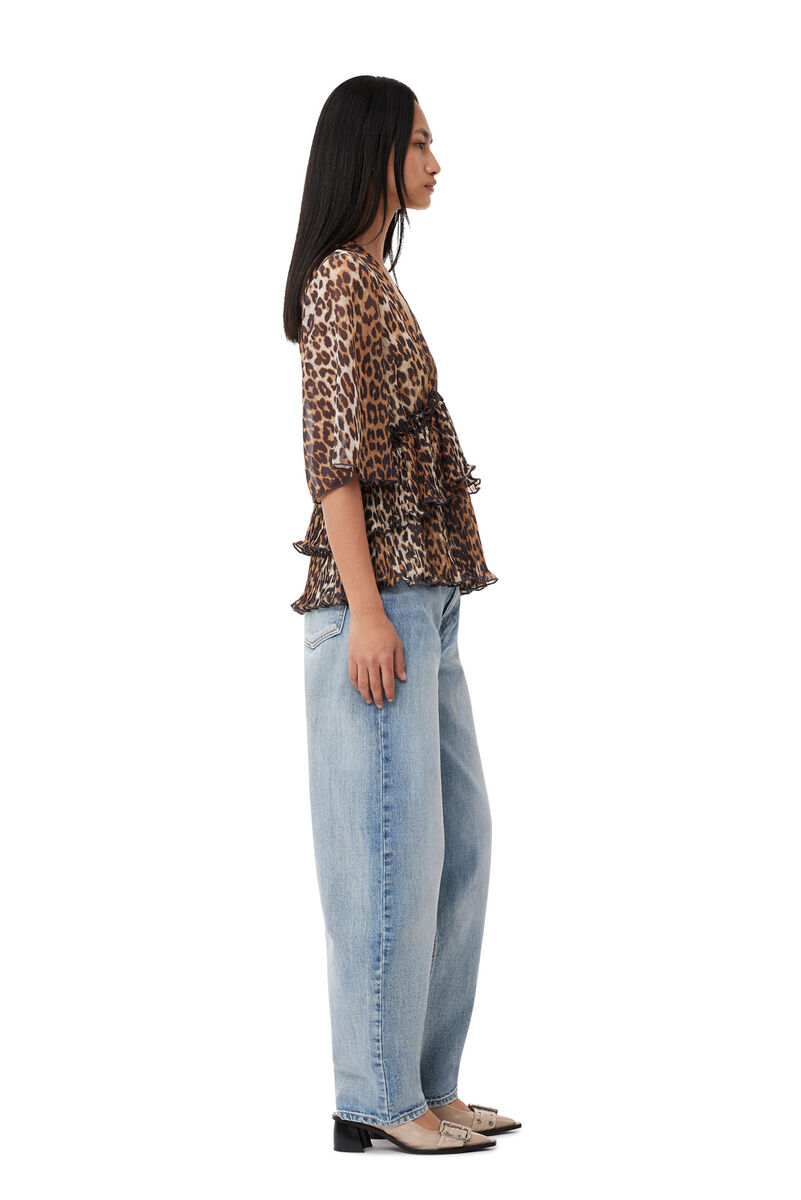 Leopard Pleated Georgette V-neck Flounce Blouse, Recycled Polyester, in colour Almond Milk - 4 - GANNI
