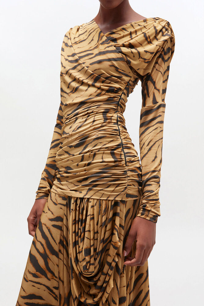 Zebra Print Ruched Dress, Khaki