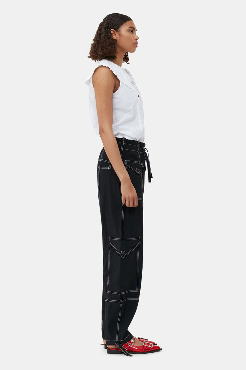 Light Slub Pocket Pants, Polyester, in colour Black - 3 - GANNI