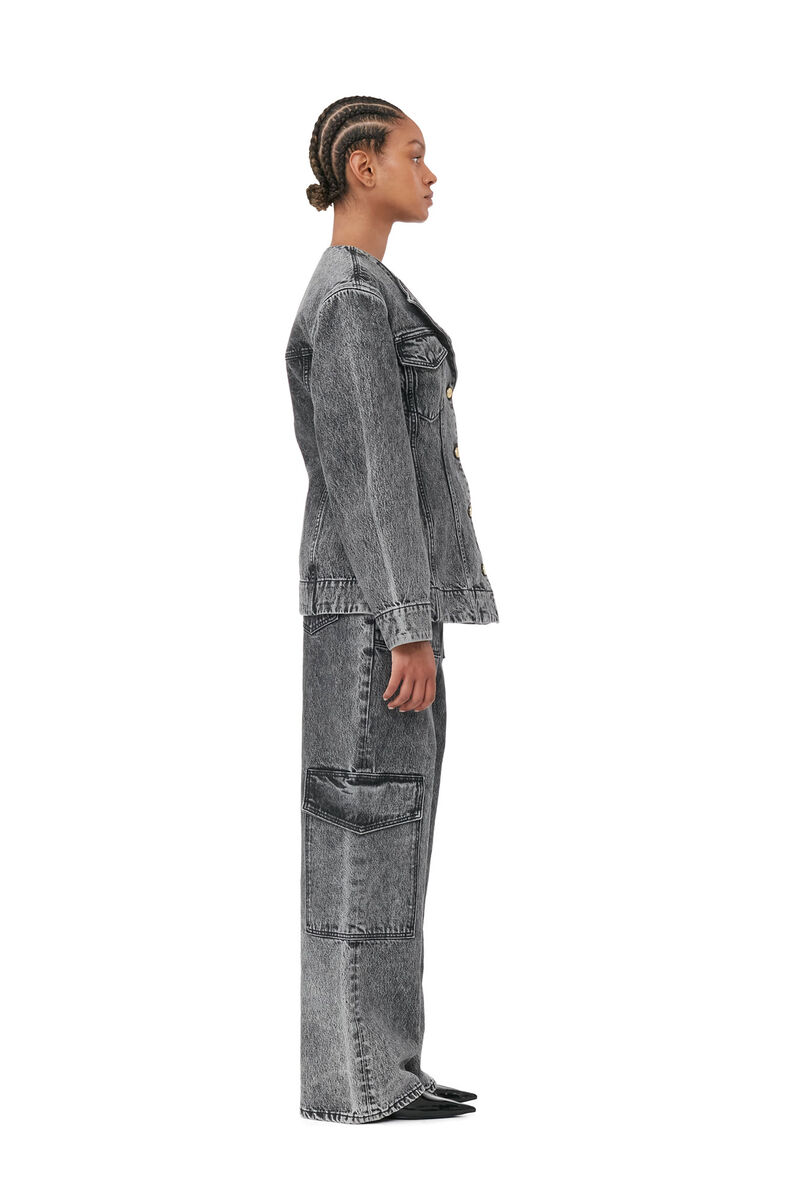 Snow Washed Denim Fitted Blazer, Cotton, in colour Black Washed - 2 - GANNI