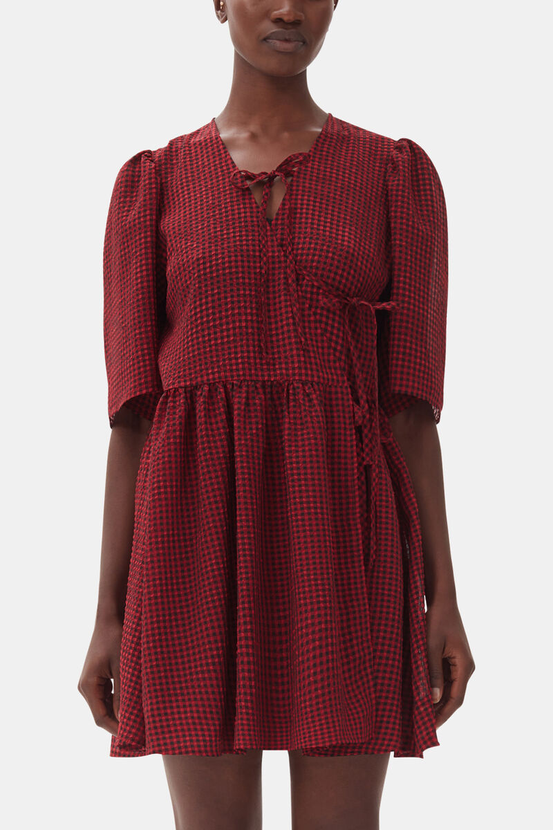 Red Sheer Tie String Wrap Dress, Recycled Polyester, in colour Winery - 2 - GANNI