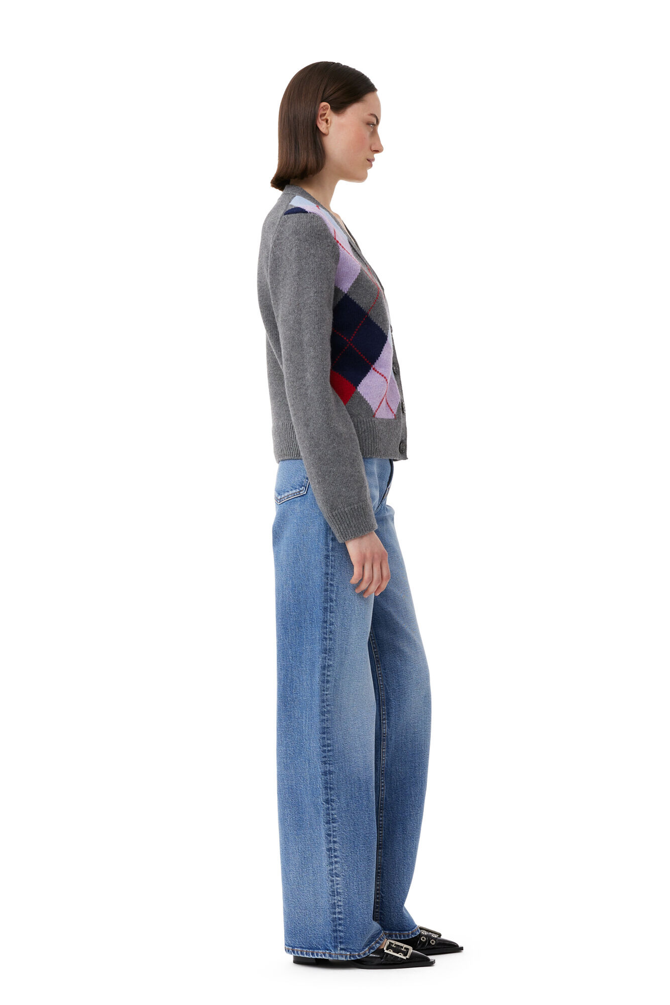 Harlequin Wool Mix Knit Cardigan, Recycled Polyamide, in colour Frost Gray - 4 - GANNI