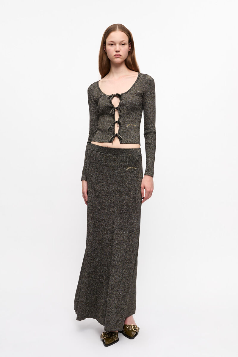 Black and Gold Sparkle Rib Maxirock, Elastane, in colour Multicolour - 1 - GANNI