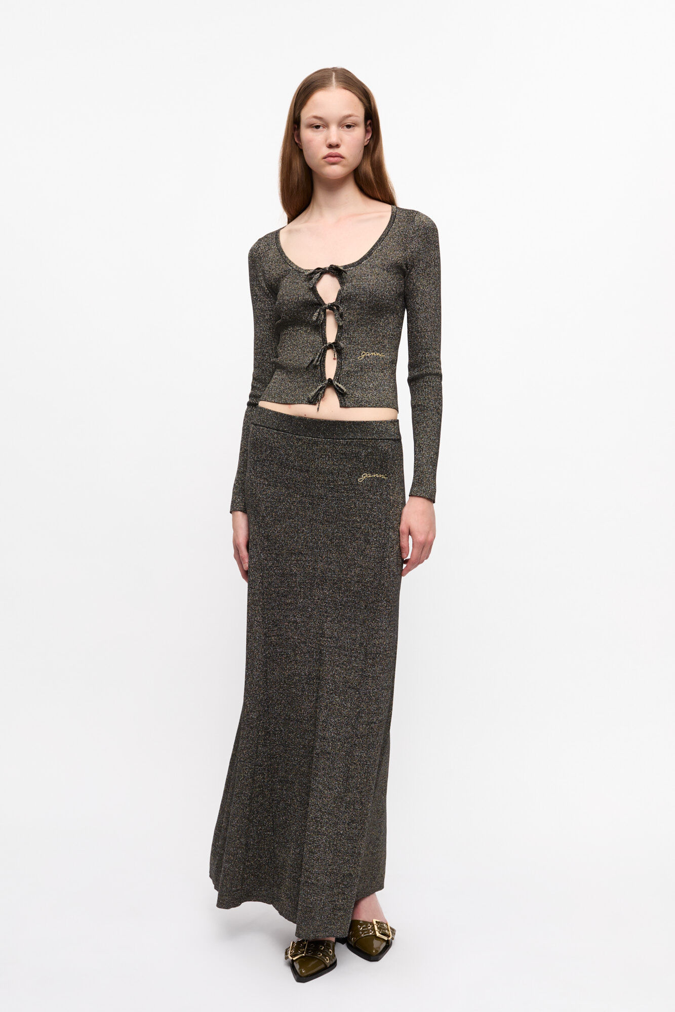 Black and Gold Sparkle Rib Maxirock, Elastane, in colour Multicolour - 1 - GANNI