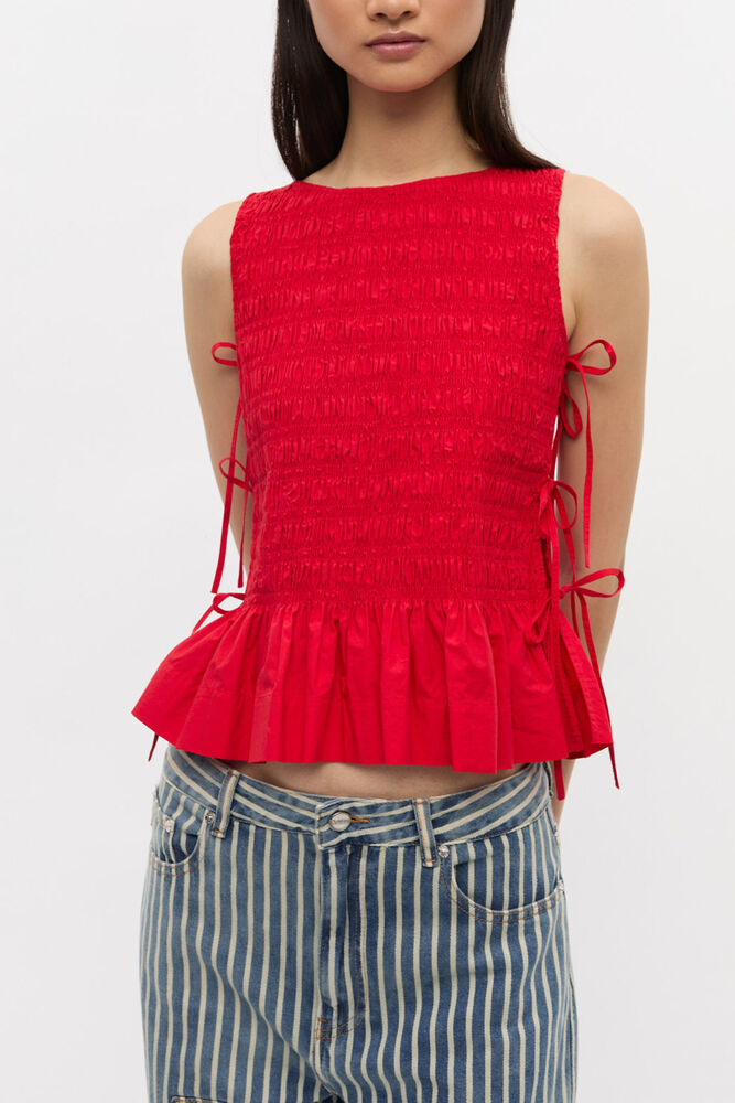 Red Cotton Smock Tie Top, Racing Red