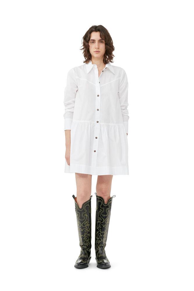 White Cotton Poplin Mini Shirt Dress, Bright White