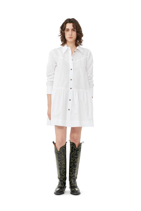 Shop Ganni White Long Sleeve Cotton Poplin Mini Shirt Dress Size 24 Women's