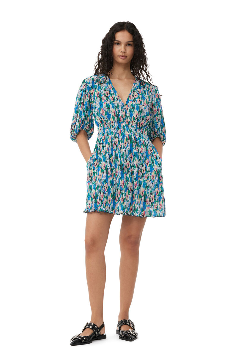 Pleated Georgette V-neck Mini Dress, Recycled Polyester, in colour Floral Azure Blue - 1 - GANNI