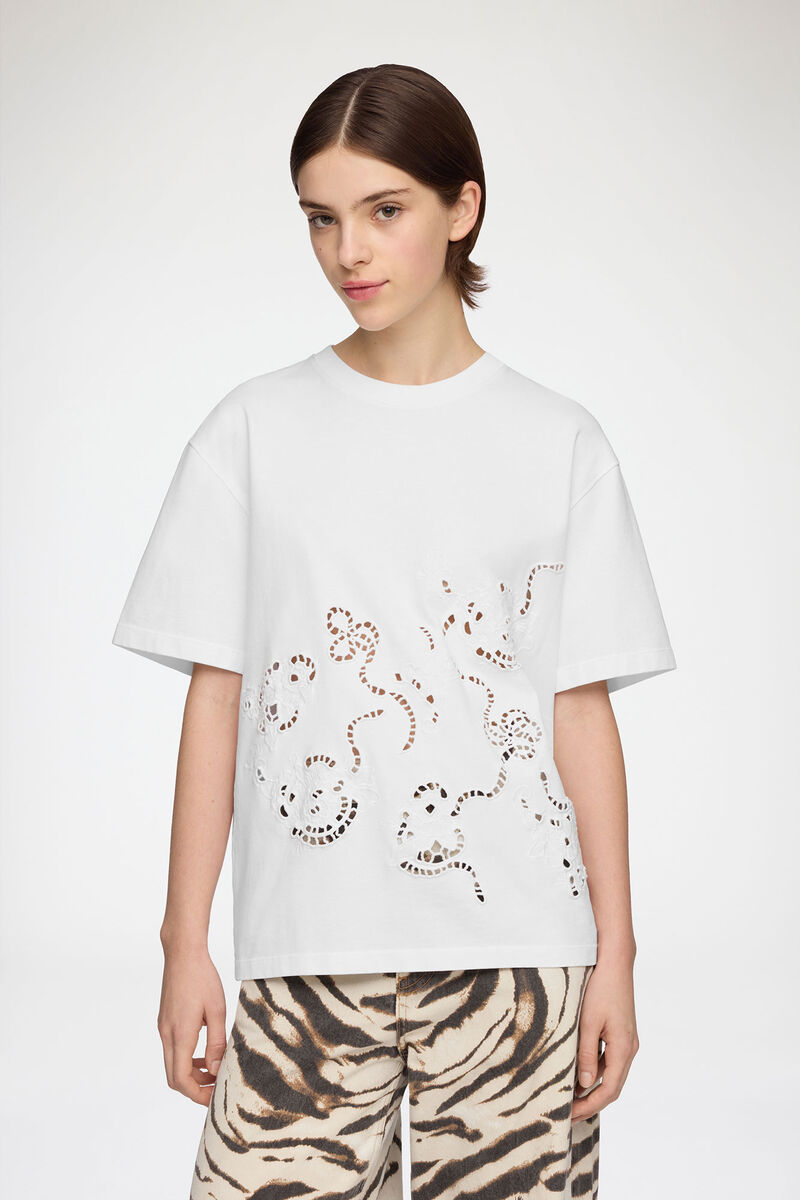 T-shirt in White Broderie Anglaise, Organic Cotton, in colour Bright White - 1 - GANNI