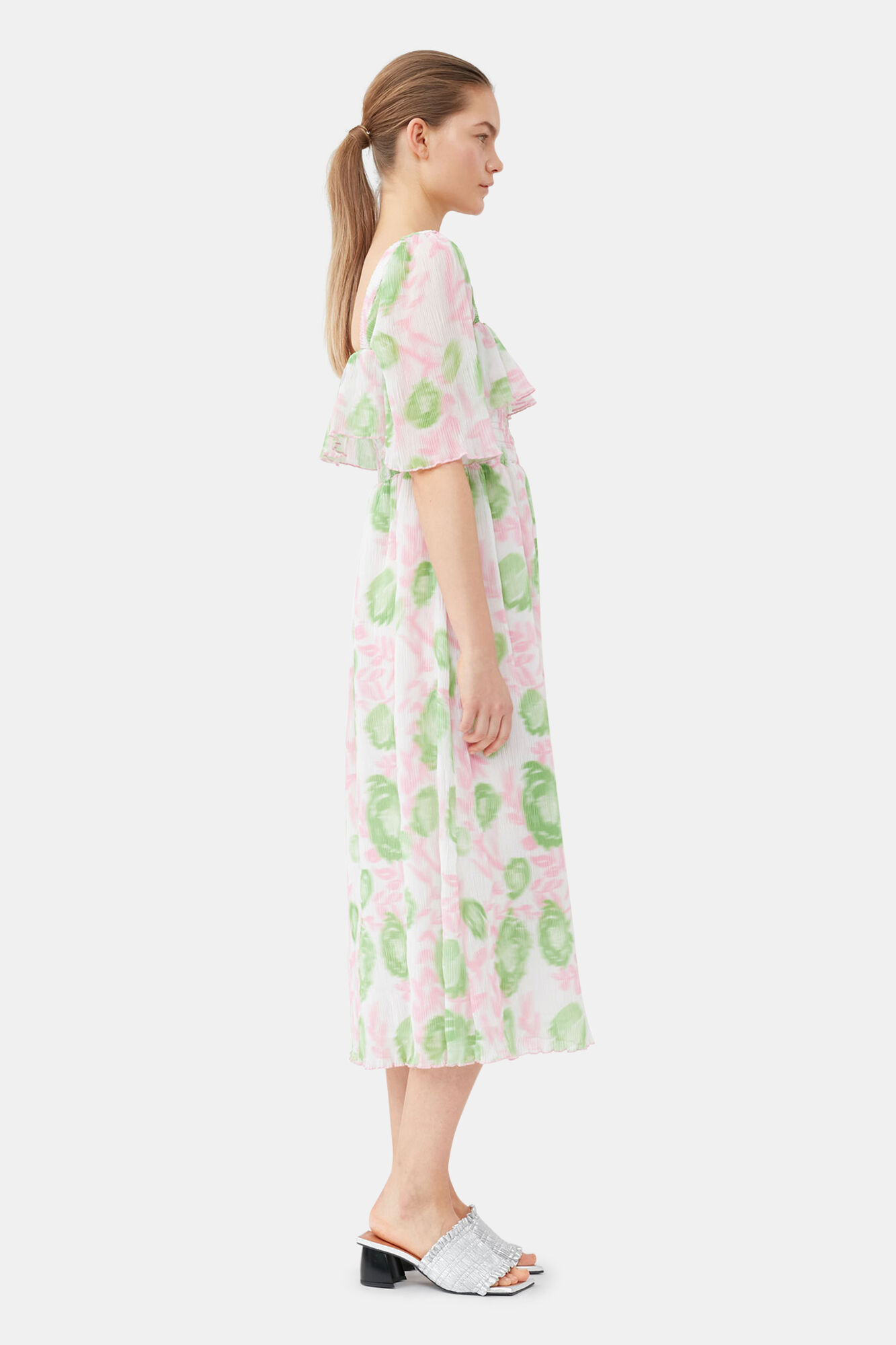 Pleated Georgette Midi Smock Dress, Recycled Polyester, in colour Pink Tulle - 7 - GANNI