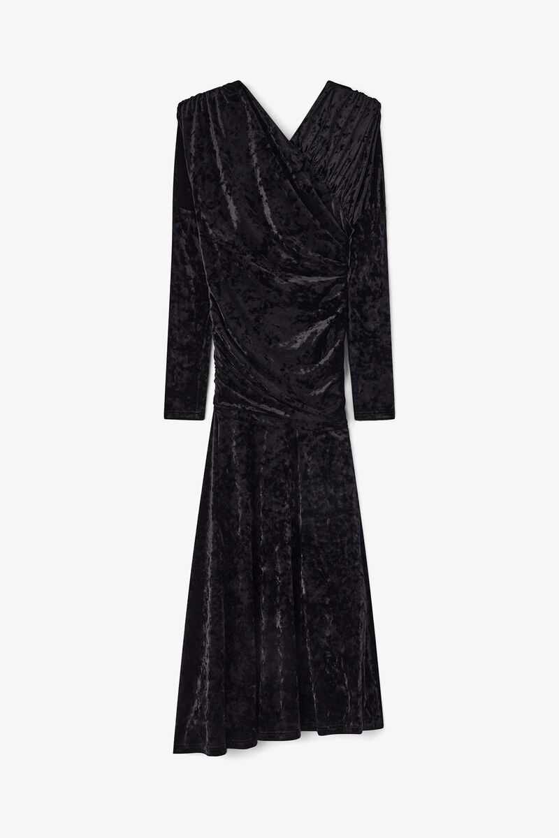 Kjole i sort velour med tilrynket effekt, Recycled Polyester, in colour Black - 1 - GANNI