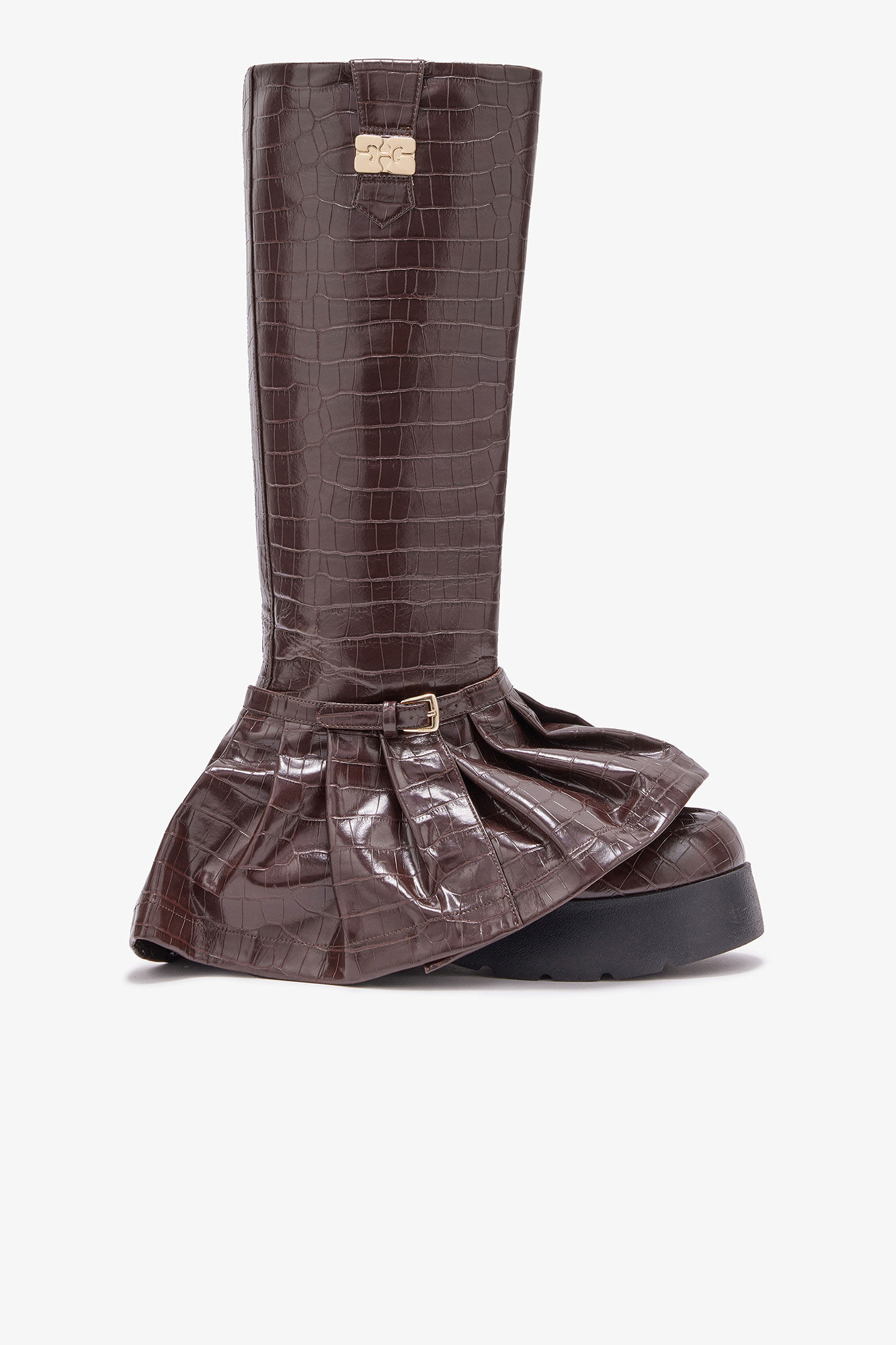 Kat High Boots in Croco, Polyurethane, in colour Chocolate Fondant - 1 - GANNI