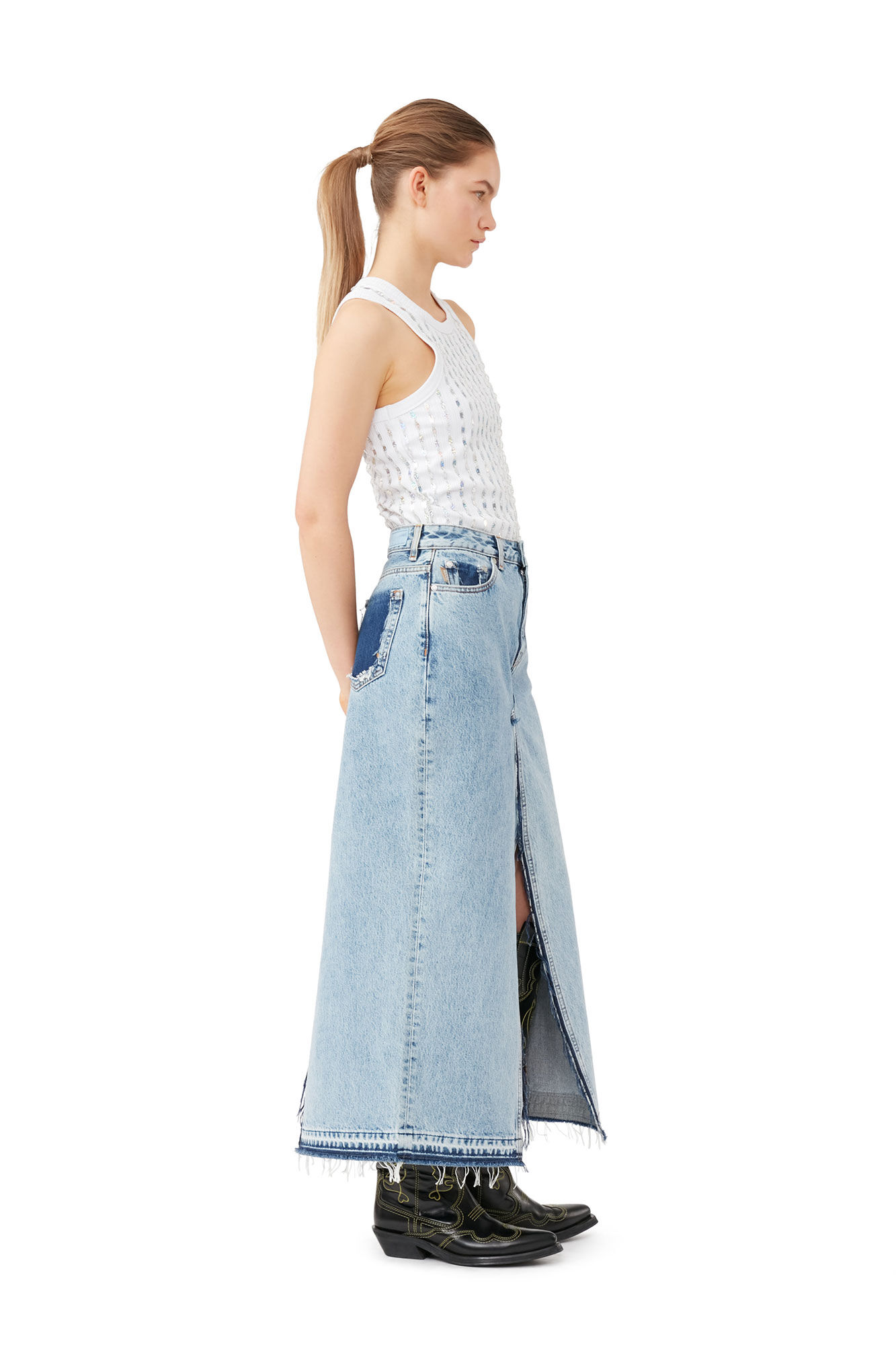 Re-Cut Denim Maxi Skirt, Cotton, in colour Denim - 3 - GANNI