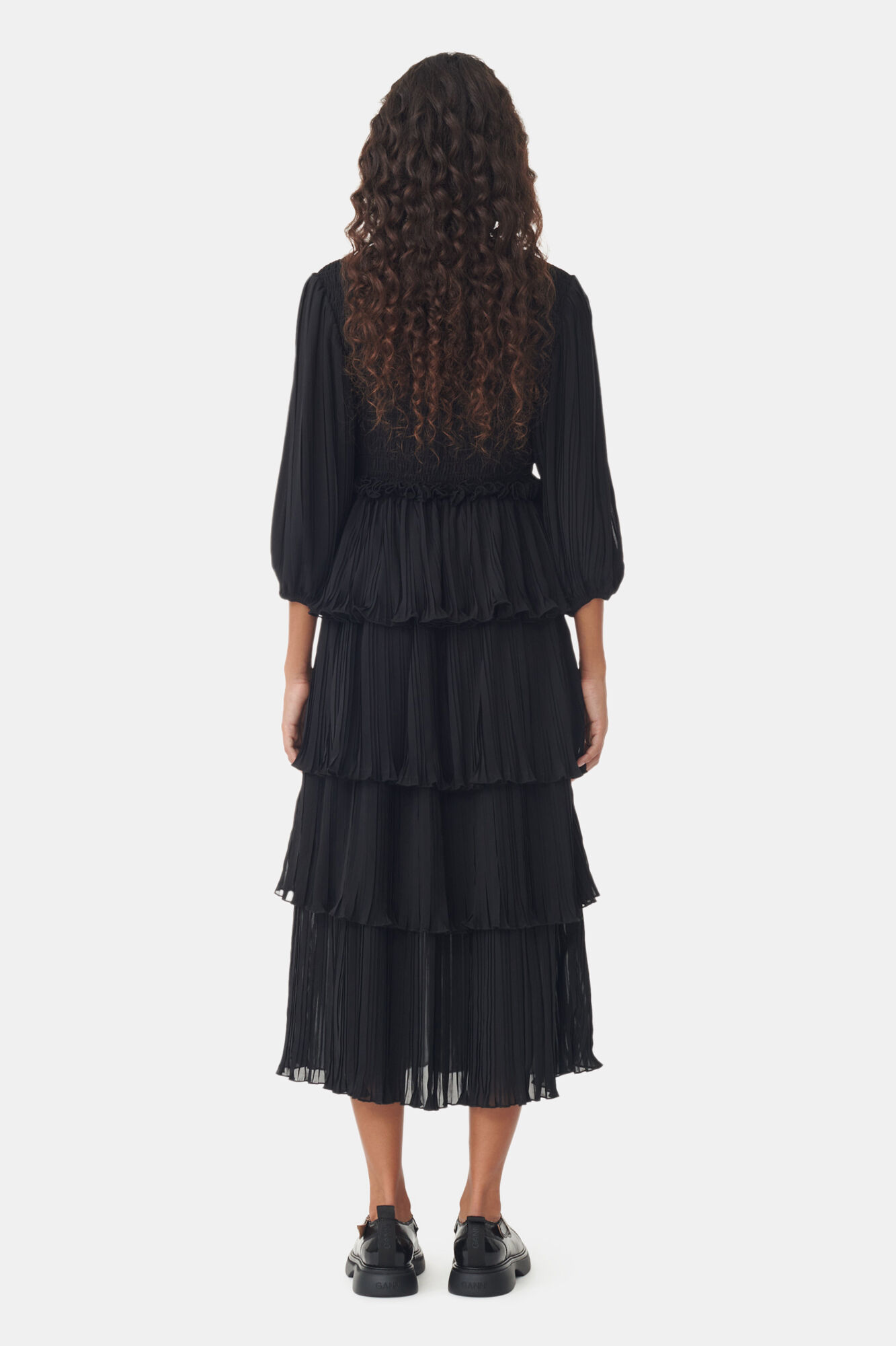 Black Pleated Georgette Flounce Smock Midi Dress, Recycled Polyester, in colour Black - 4 - GANNI
