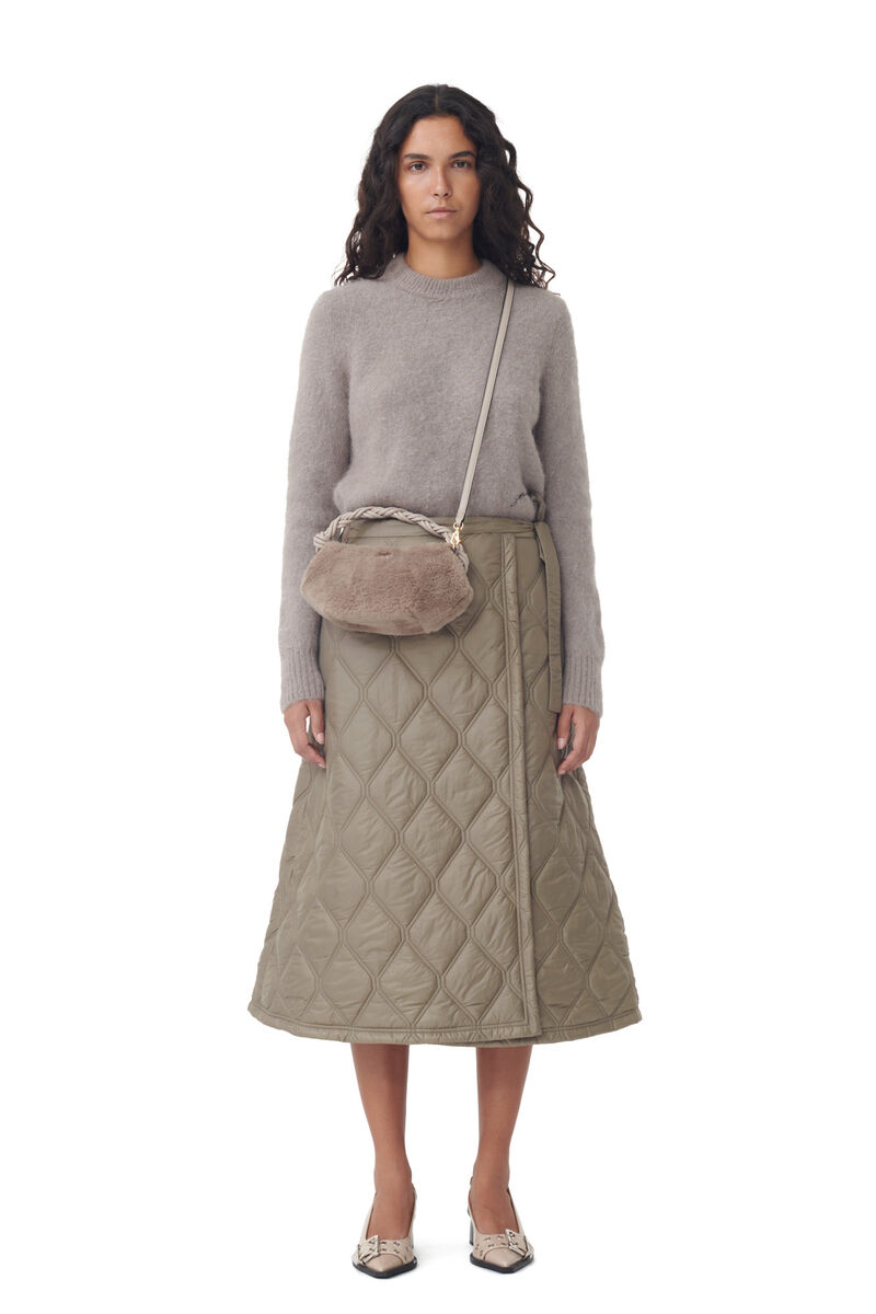 Brown Shiny Quilt Midi kjol , Recycled Polyamide, in colour Fallen Rock - 1 - GANNI
