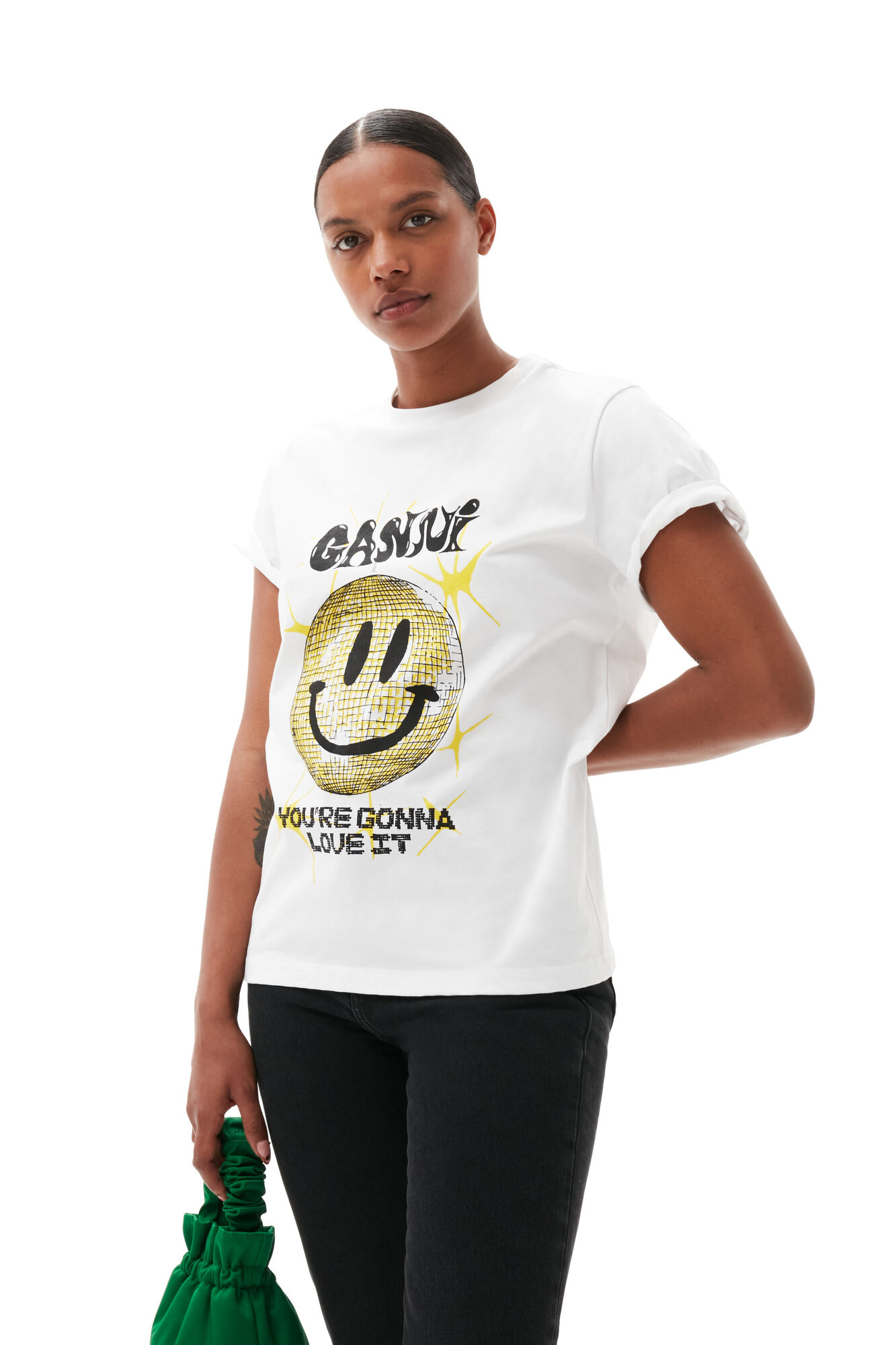 Yellow Smiley Relaxed T-shirt, Cotton, in colour Bright White - 1 - GANNI