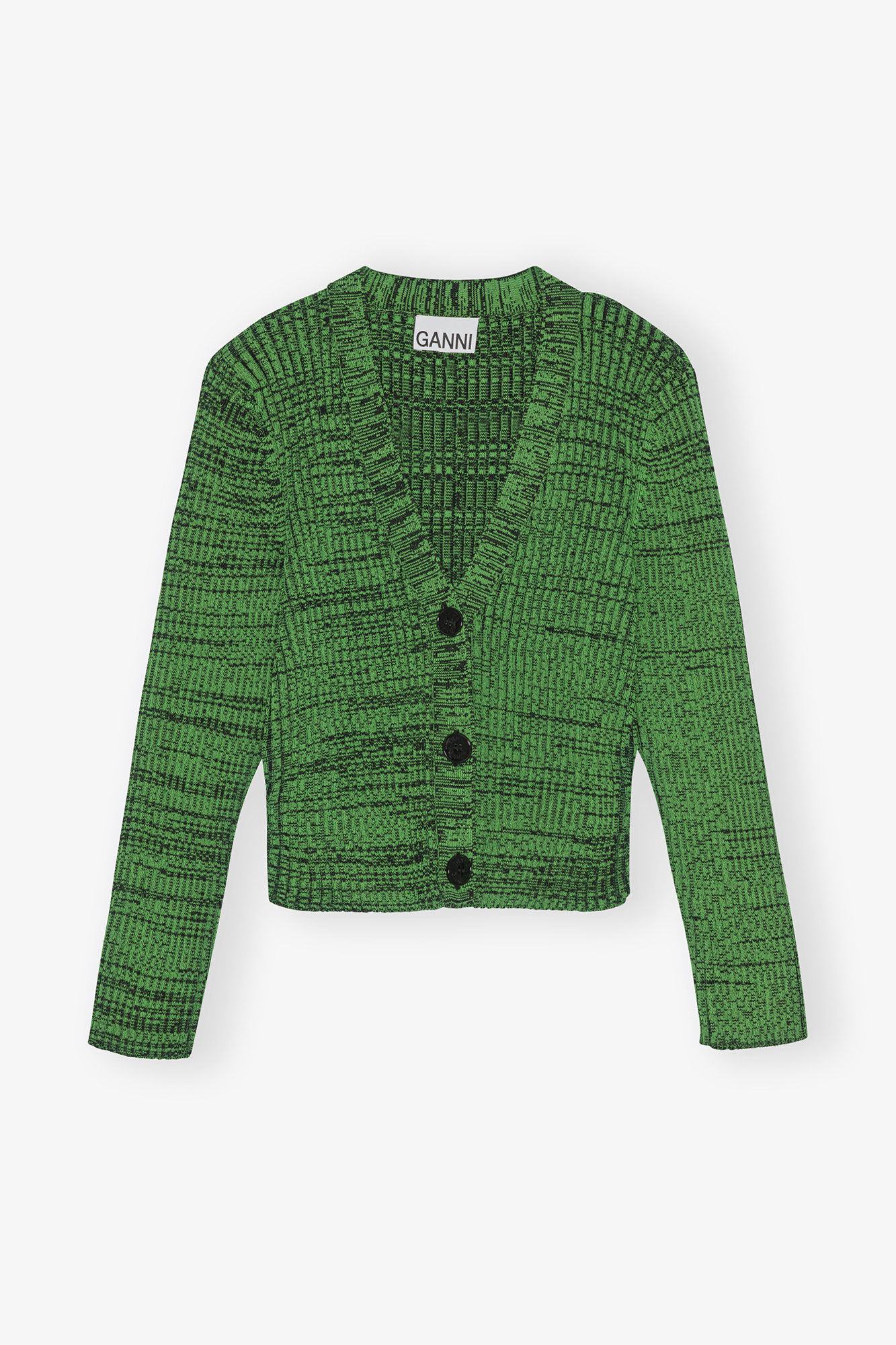 Green Cropped Melange Knit Cardigan, Elastane, in colour Kelly Green - 1 - GANNI