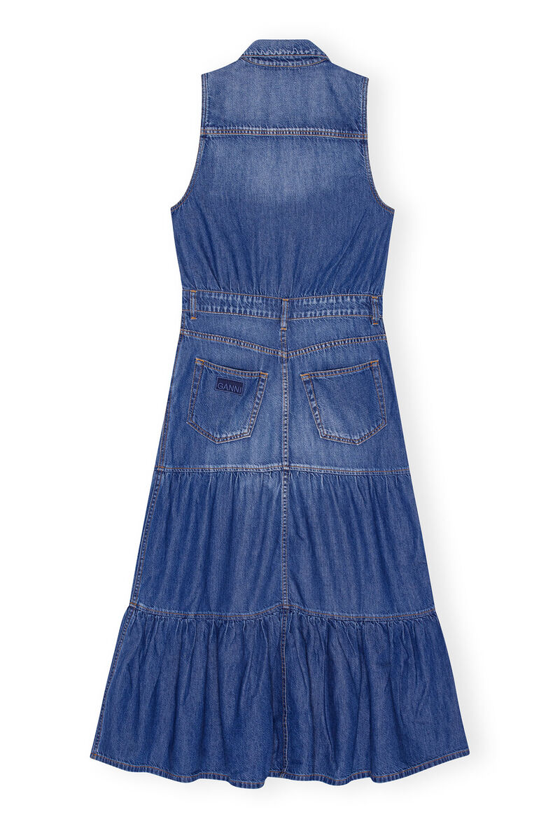 Blue Denim Long Kleid, Lyocell, in colour Mid Blue Vintage - 2 - GANNI