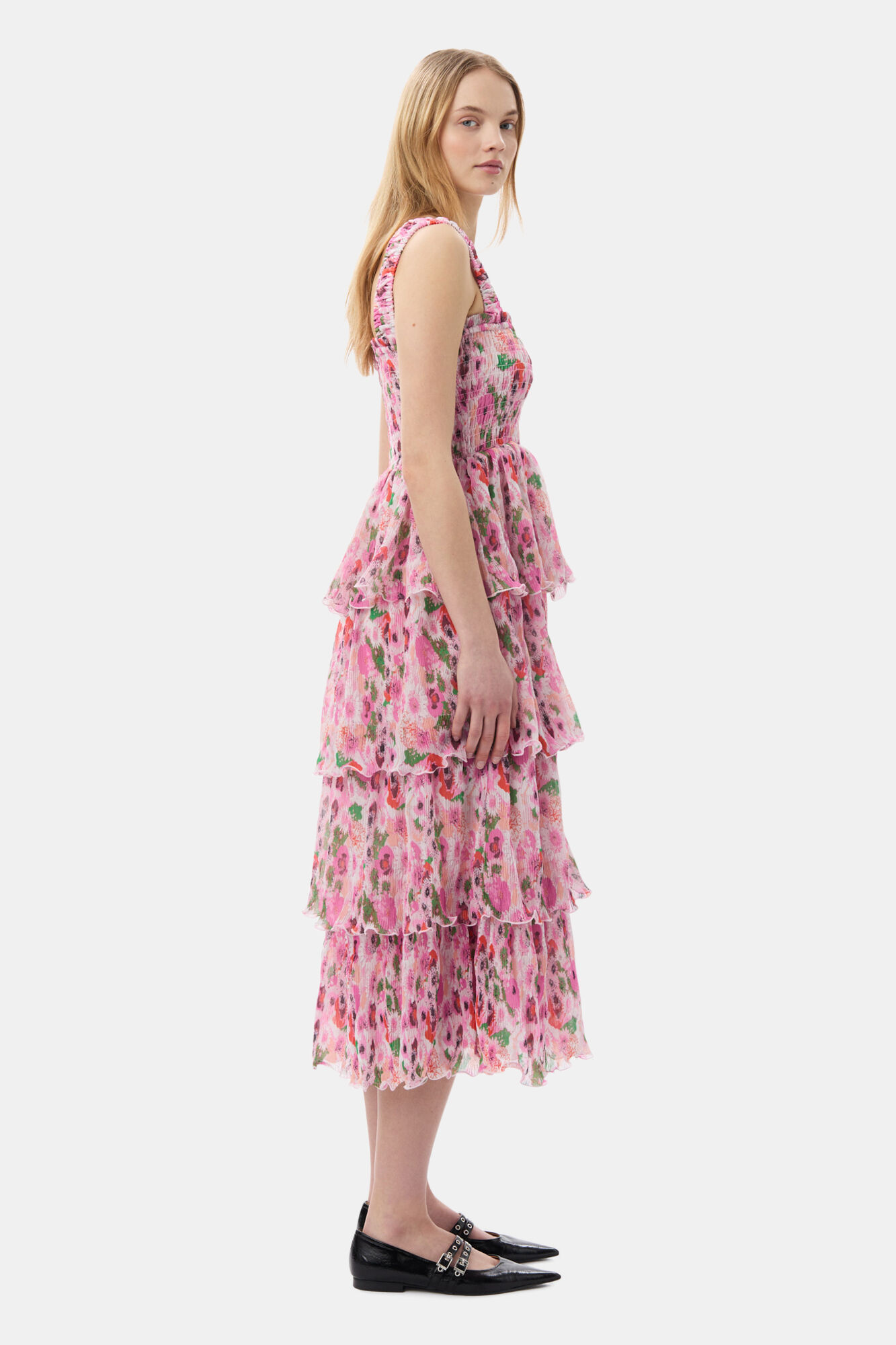 Pleated Georgette Smock Midi Dress, Recycled Polyester, in colour Sugar Plum - 3 - GANNI