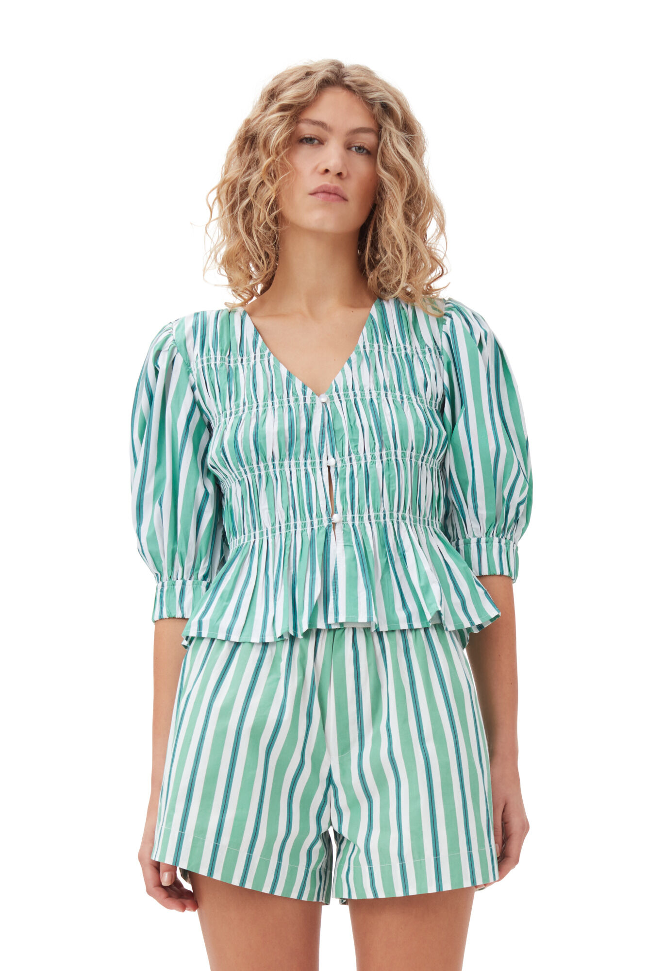 Green Striped Cotton Elasticated Shorts, Cotton, in colour Creme de Menthe - 2 - GANNI