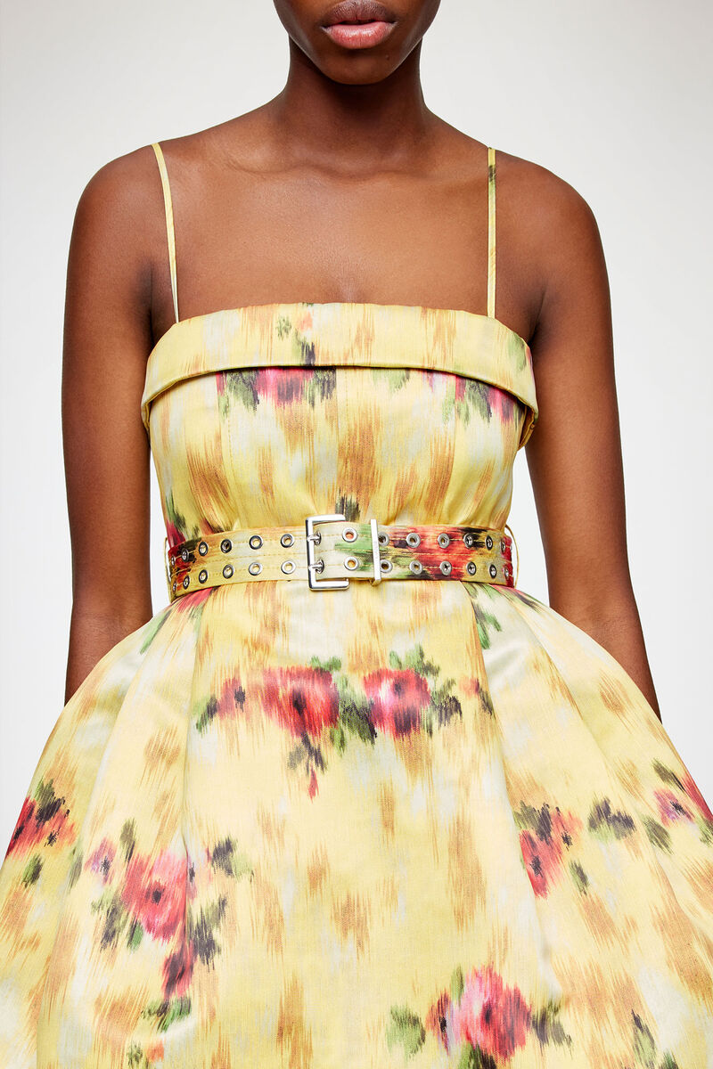 Kjole i gul sateng med trykk, Recycled Polyester, in colour Aurora - 2 - GANNI