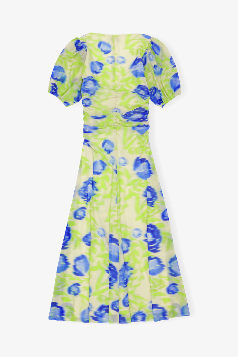 プリント入りメッシュ パフスリーブ ミディドレス, Recycled Nylon, in colour Strong Blue - 3 - GANNI