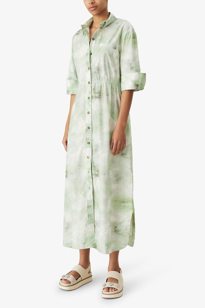 Printed Cotton Poplin Shirt Dress, Kelly Green