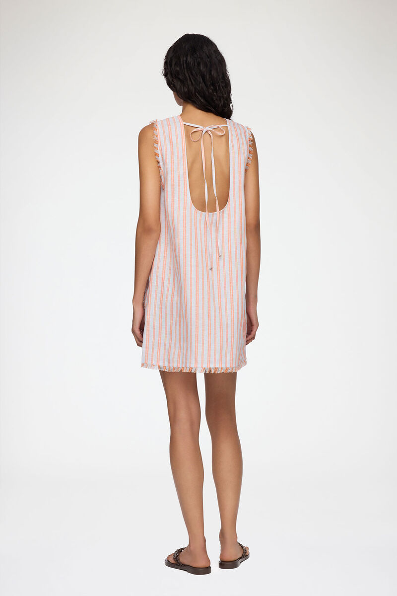 Mini Dress in Striped Linen, Linen, in colour Cantaloupe - 2 - GANNI