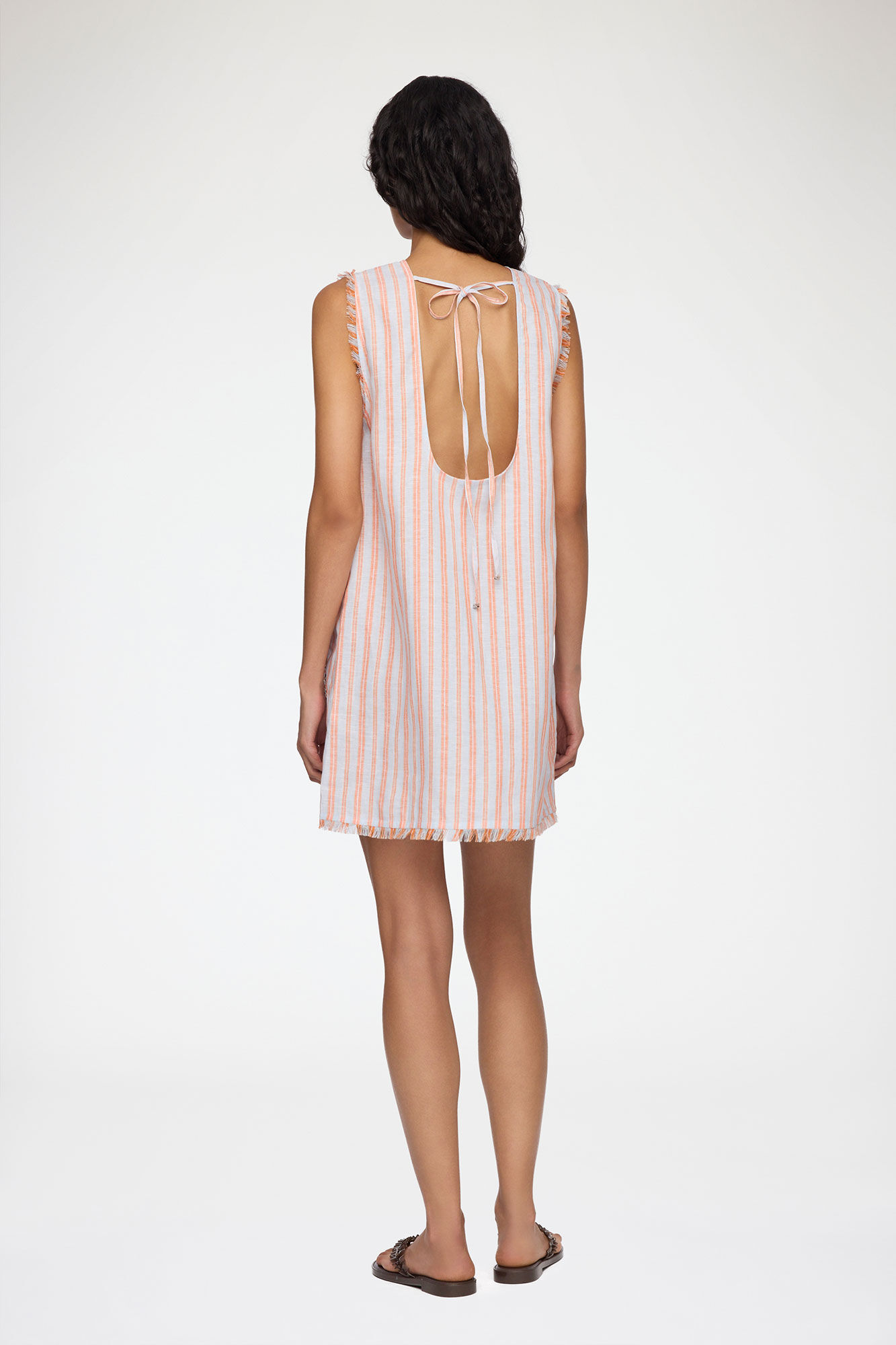 Mini Dress in Striped Linen, Linen, in colour Cantaloupe - 2 - GANNI