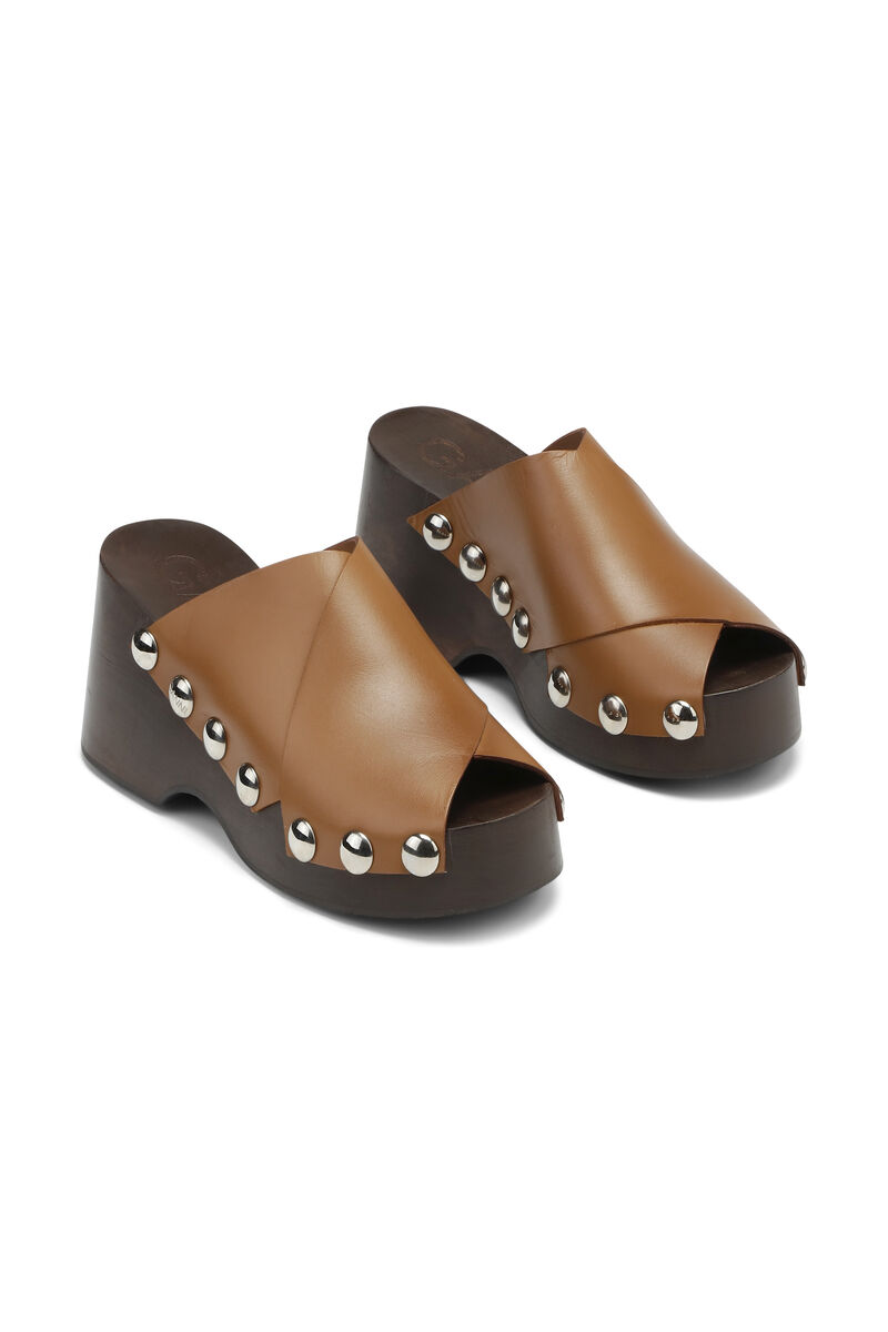 Wedge Clogs, Calf Leather, in colour Tiger's Eye - 3 - GANNI
