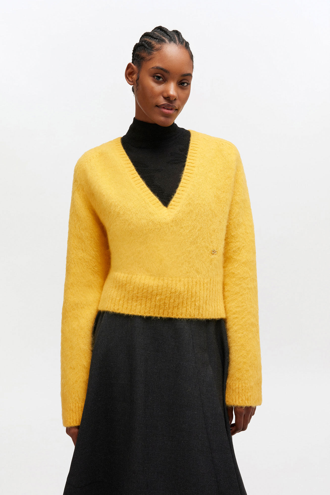 Yellow V-neck Jumper, in colour Blazing Yellow - 1 - GANNI