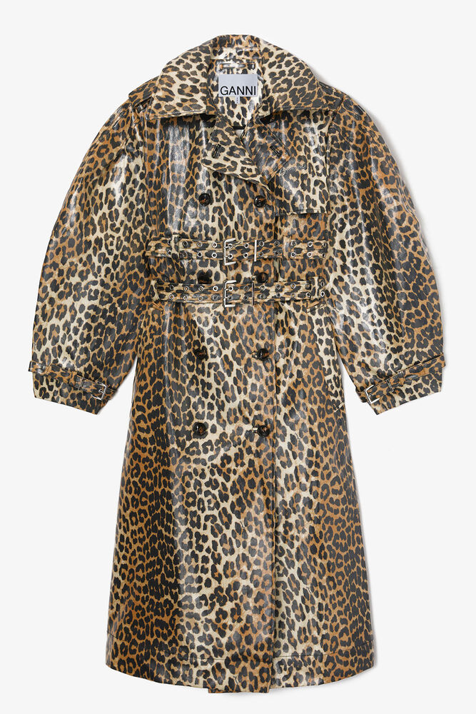 Leopard Laminated Cotton Trench Coat, Almond Milk