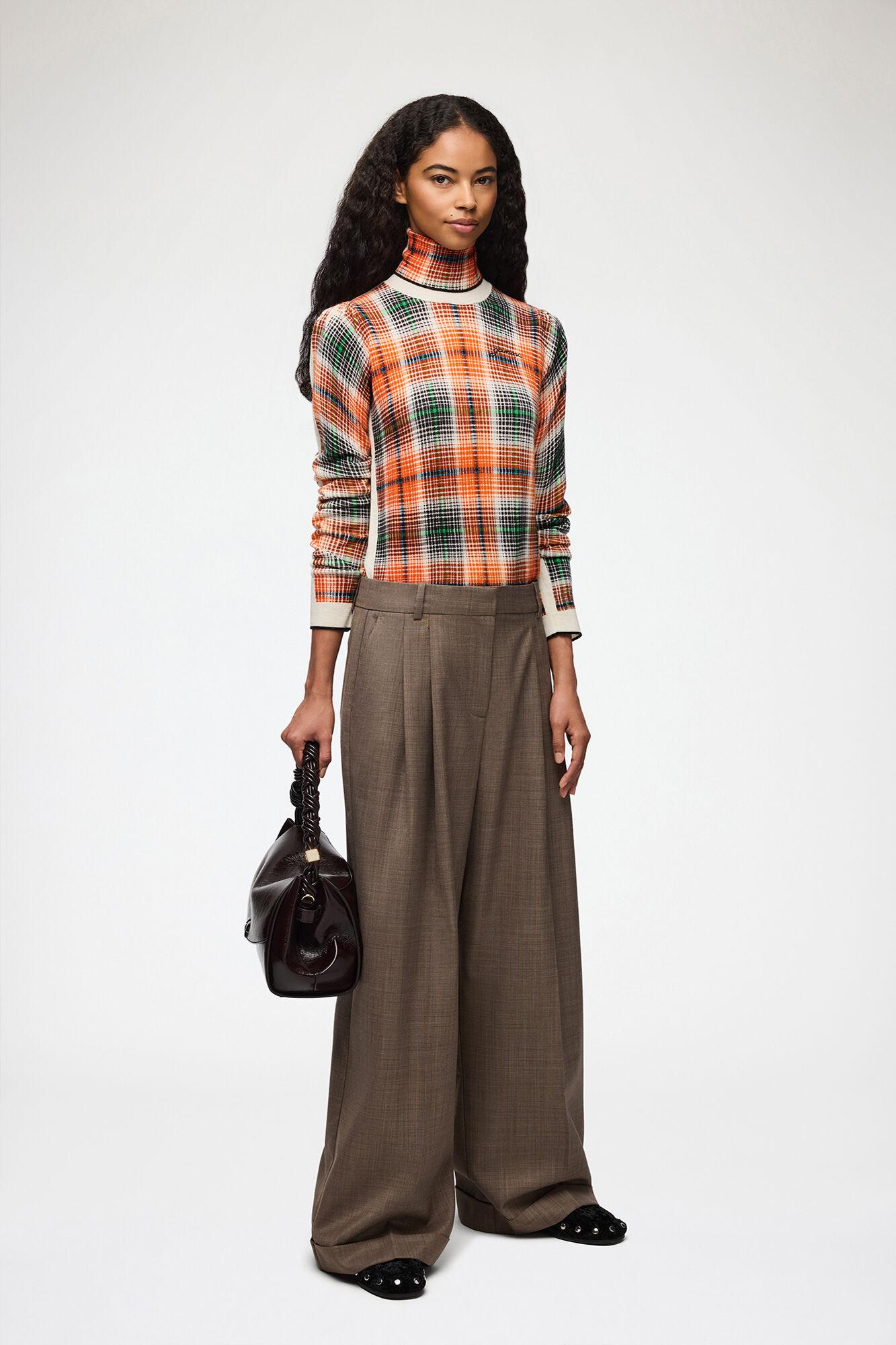 Trousers in Wool Suiting, Recycled Polyethylene Terephthalate, in colour Chocolate Chip - 1 - GANNI