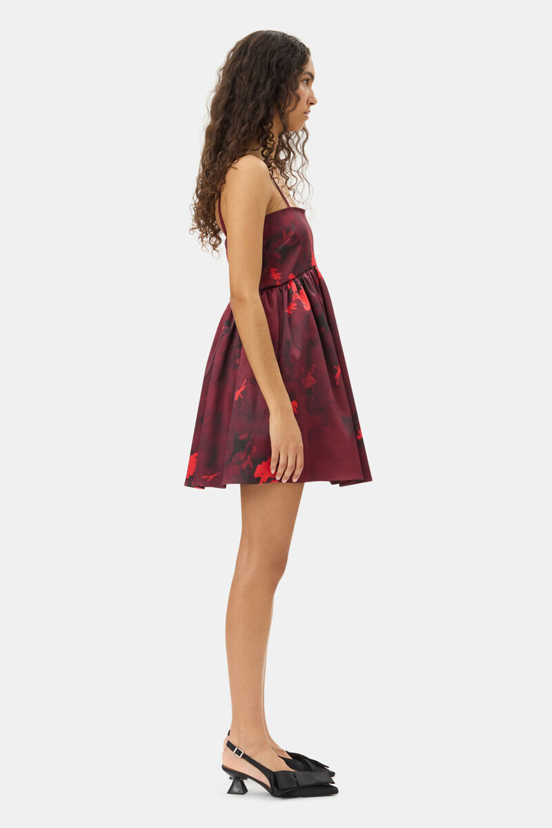 Red Floral Print Satin Strap Mini Dress, Elastane, in colour Winery - 3 - GANNI