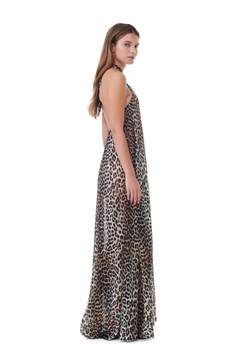 Leopard Printed Light Chiffon Halterneck Long Dress, Recycled Polyester, in colour Leopard - 4 - GANNI