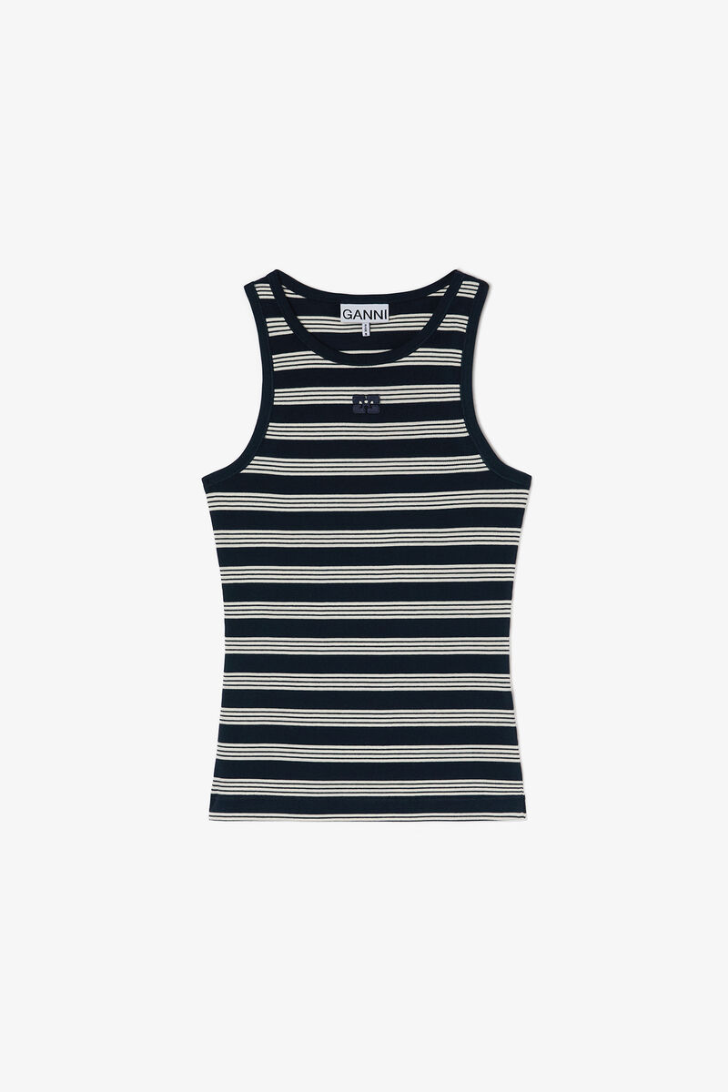 Stripe Rib Tank Top, Organic Cotton, in colour Sky Captain - 1 - GANNI