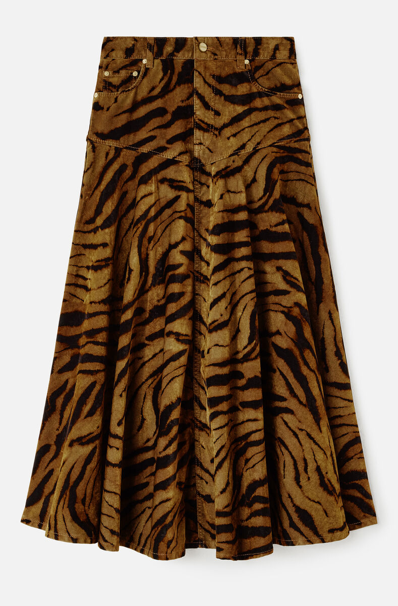 Tiger Print Denim Skirt, Recycled Cotton, in colour Khaki - 1 - GANNI