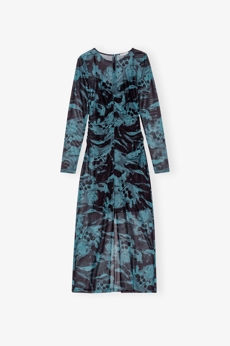 Blue Printed Mesh O-neck Ruched Long Dress, Recycled Polyester, in colour Blue Shadow - 1 - GANNI