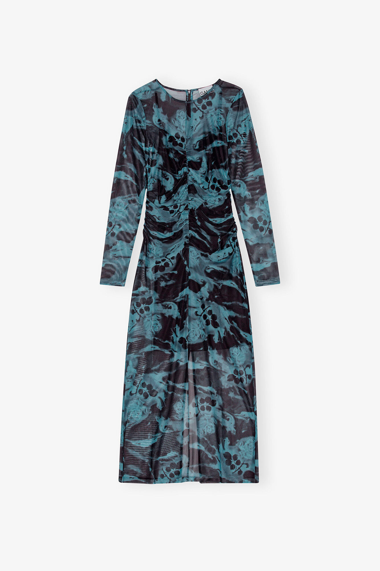 Blue Printed Mesh O-neck Ruched Long Dress, Recycled Polyester, in colour Blue Shadow - 1 - GANNI