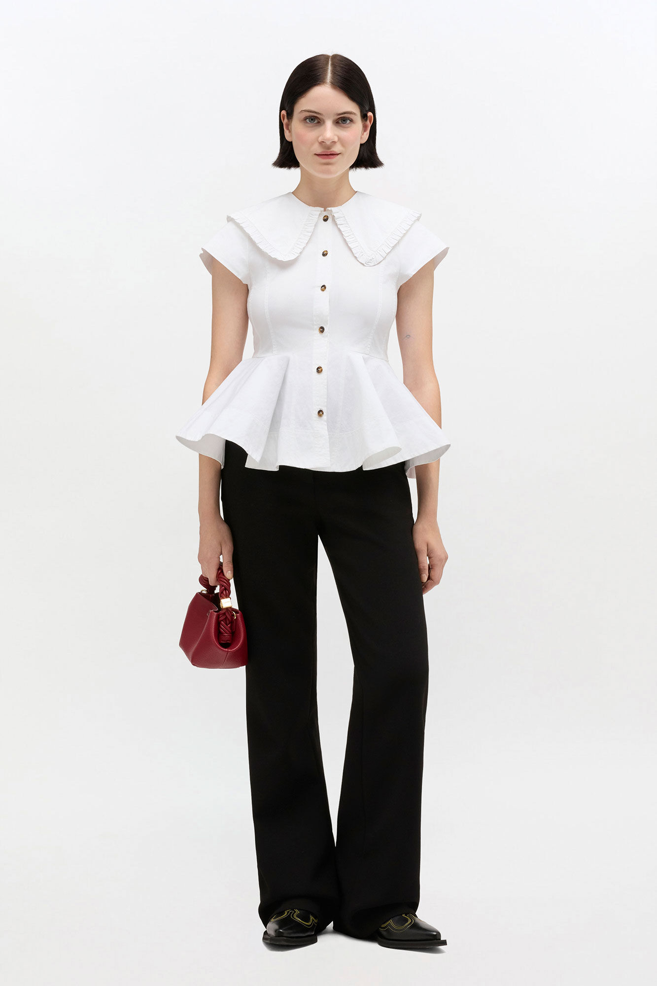 Bright White ショート丈 コットン ラッフルシャツ | GANNI (Global)