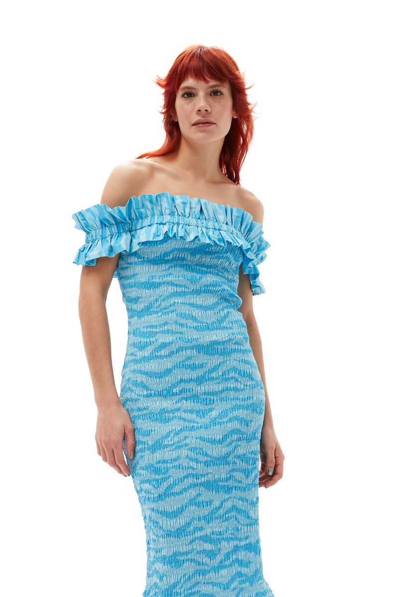 Printed Cotton Off-shoulder Smock Midi Dress, Cotton, in colour Ethereal Blue - 3 - GANNI