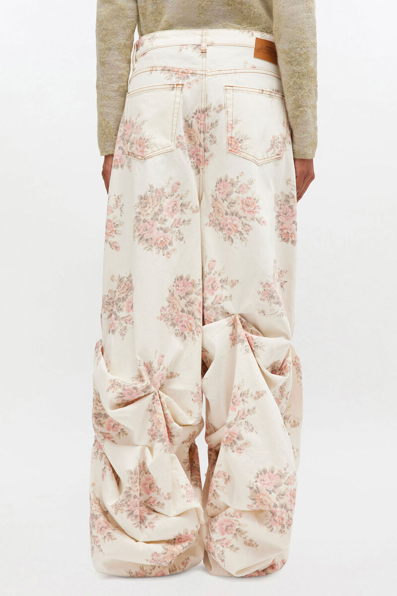 Floral Printed Draped Jeans, Cotton, in colour Egret - 3 - GANNI