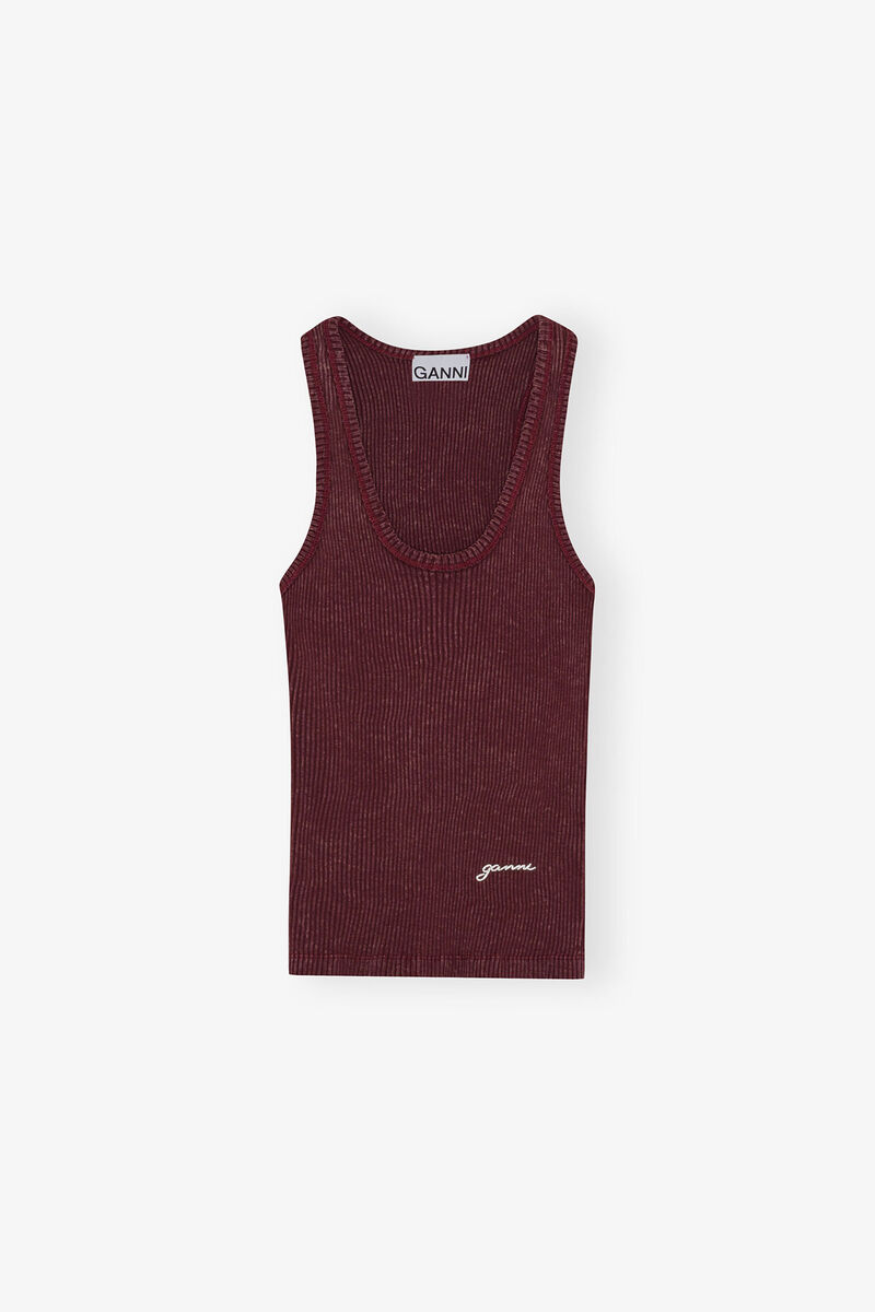 Tank Top in Burgundy Rib, Organic Cotton, in colour Port Royale - 1 - GANNI